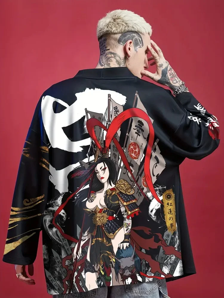 Trend Fashion Japanese Summer Kimono Red Lotus Dream Bong Xian Print Traditional Kimono Casual Loose Cardigan Short Sleeve