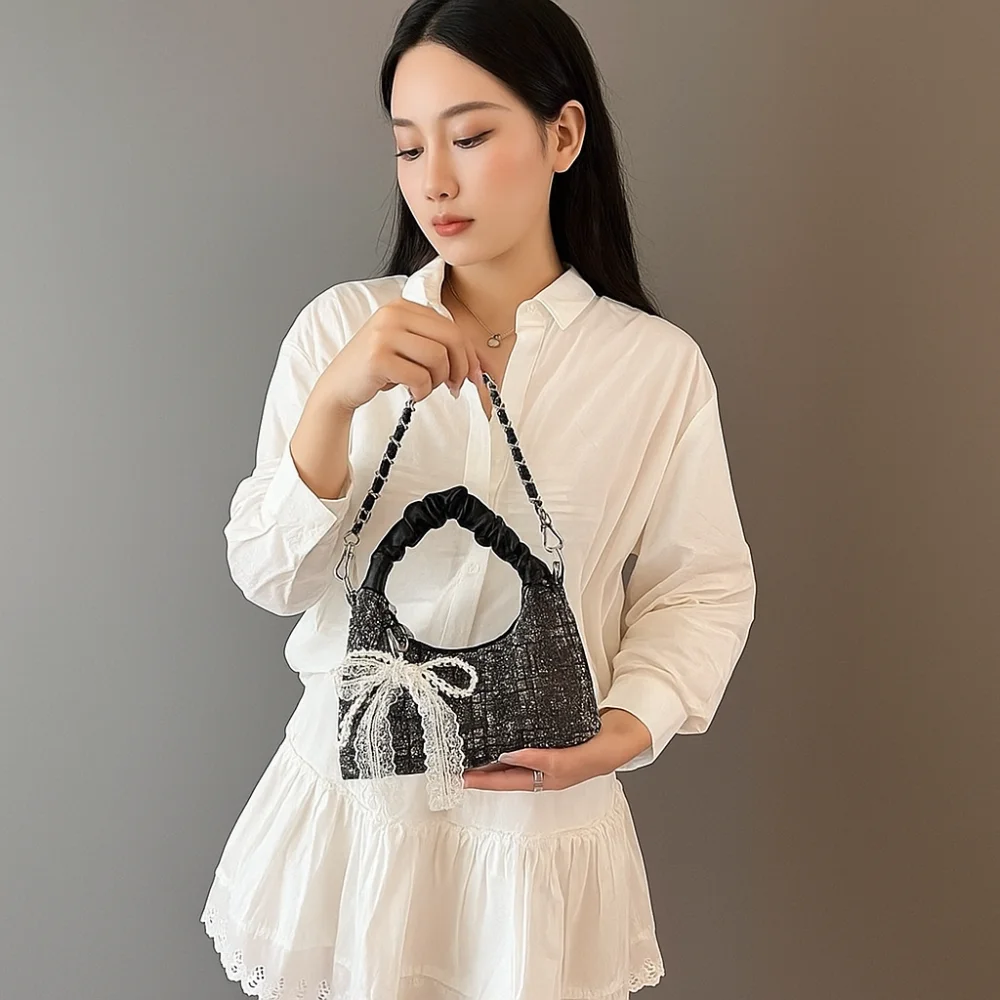 

Корейский стиль, плиссированная сумка с блестками, подвеска с бантом, легкая сумка через плечо с цепочкой, большая вместительная изысканная сумка через плечо с бантом