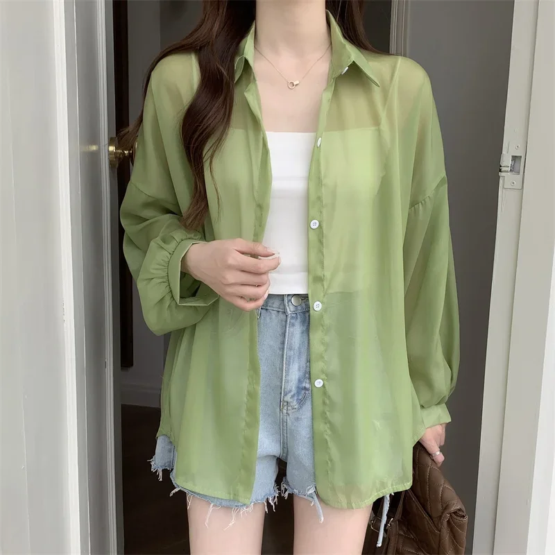 Satin-Effect Shirt for Women Lightweight Semi Sheer Button-Up Lapel Collar Long Sleeve Shirt Outfit Teen-girl Casual Chic Tops