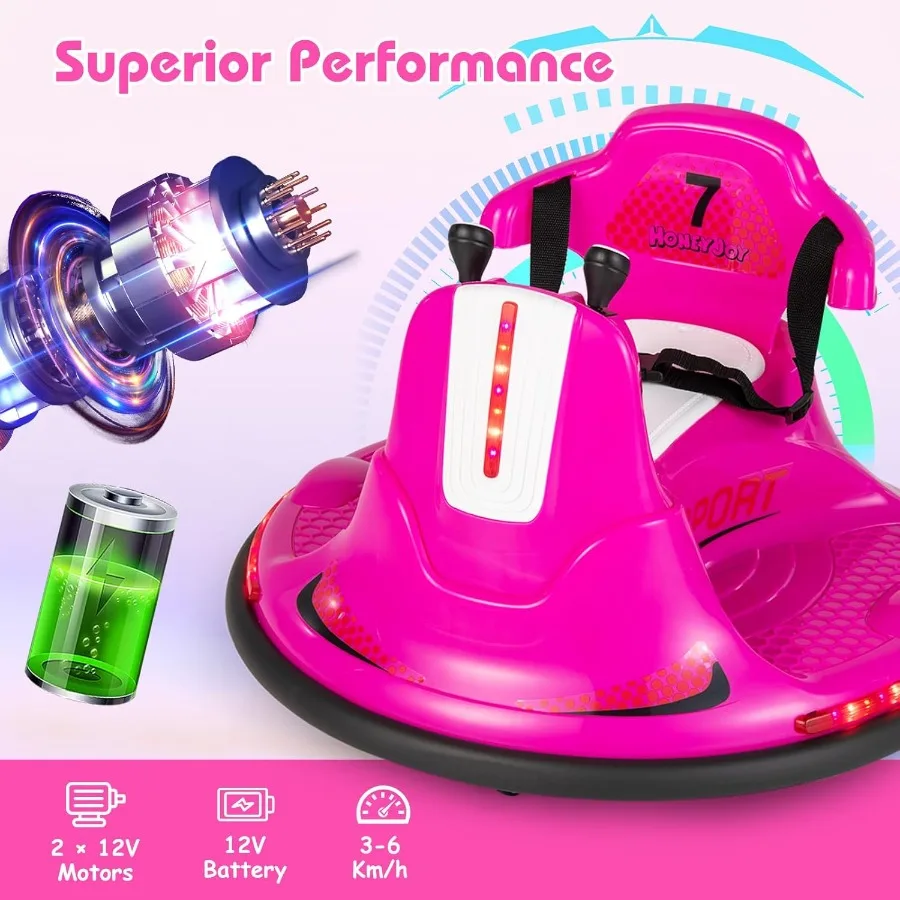 12V 유아용 범퍼카 (1-3세) 아기용 전동 범퍼카, 듀얼 조이스틱, LED 플래시 라이트 및 360도 회전 전동차