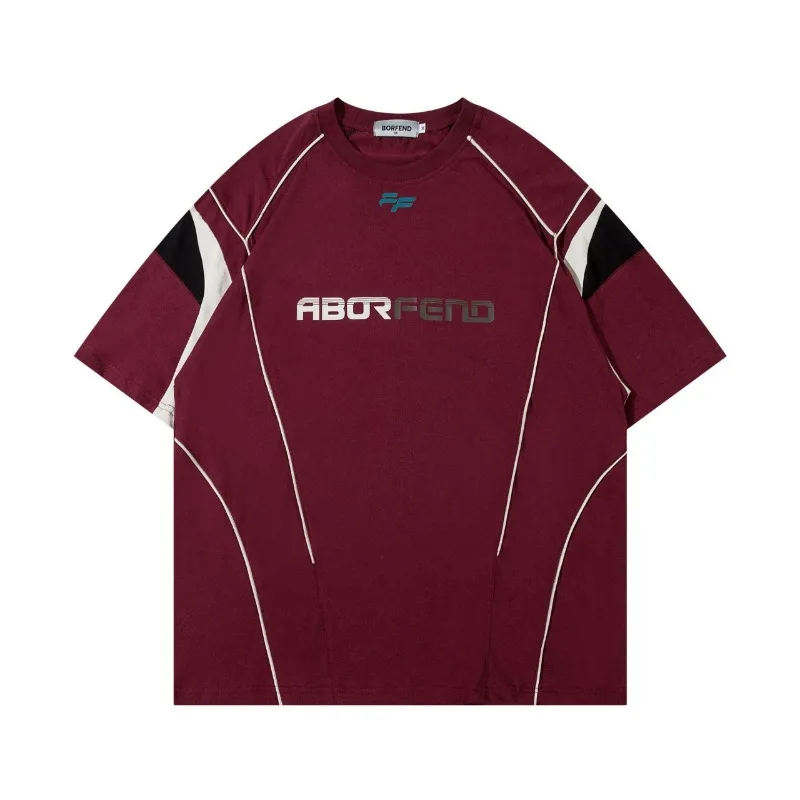 Hong Kong Style Retro Sports Jersey Patchwork Short Sleeved T-shirt for Men's Summer New Versatile Loose Line Pullover Top Tees