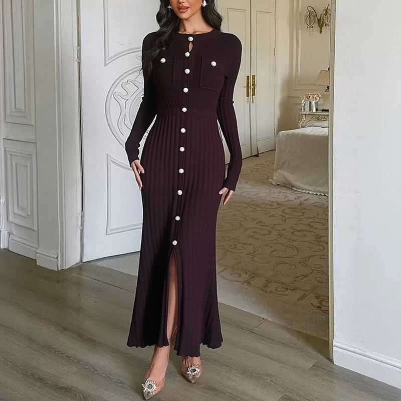 YuooMuoo Merk Mode Vrouwen Gebreide Maxi Jurk 2025 Nieuwe Esthetische Y2K Single-breasted Shirt Trui Jurk Lady Party vestidos