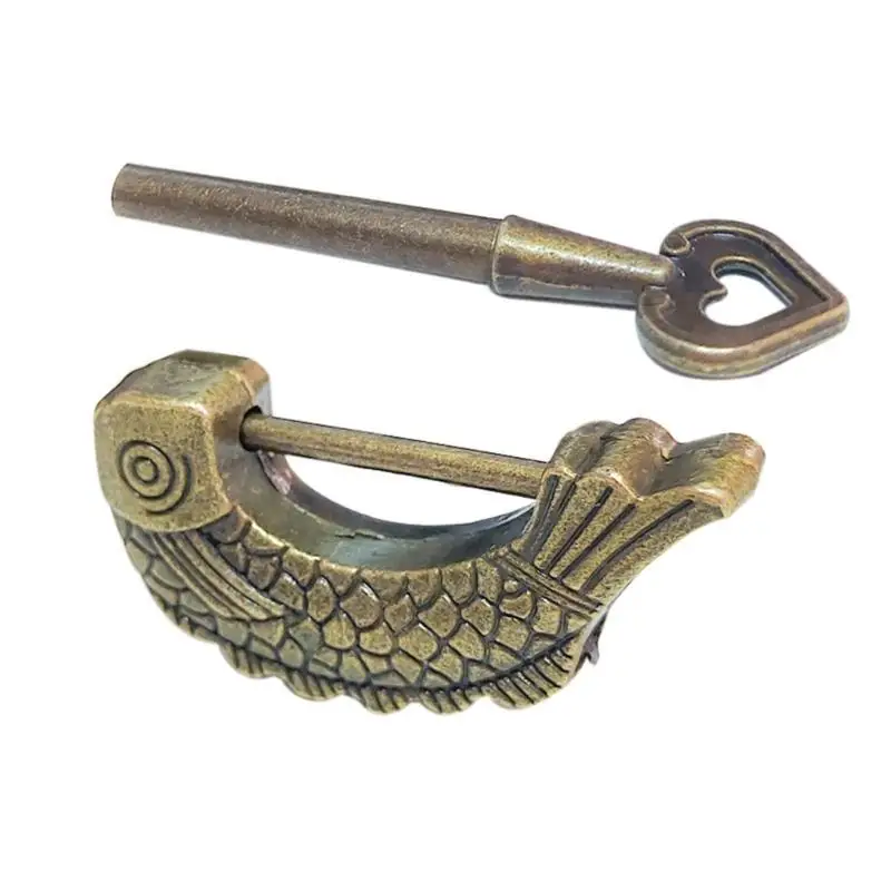 

652F Bronze Fish Shaped Padlock Vintage Retro Lock with Fish Designs Lock Suitcases Lock for Drawers & Jewelry Box