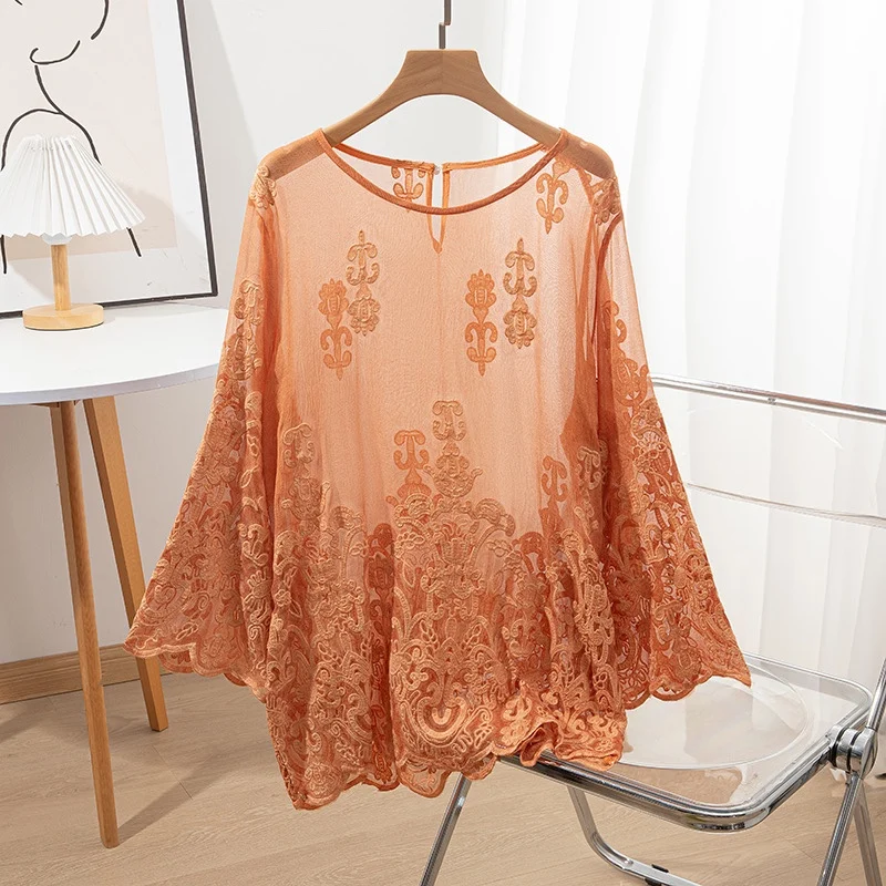 

100% Mulberry Silk Women Long Sleeve Blouse Orange Embroidery Silk Thin Transparent Round Neck Shirt Top Pullover Summer QQ015