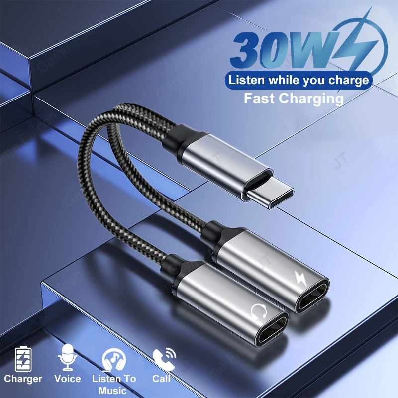 2 In 1 Type USB C  to Dual USB C Headphone Jack Adapter Type C Charge Audio Aux Adaptor For iPhone 15 Samsung Huawei Xiaomi