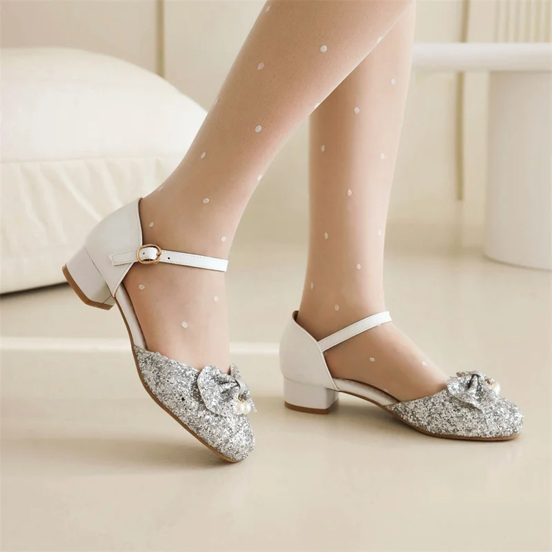 YQBTDL Lolita Style Bling Sequined Cloth D'Orsay & Two-Piece Pumps Lady Bow Pearls Low Heel Party Wedding Shoes Women Summer2023