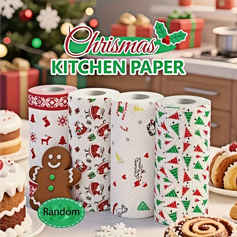 1 Roll Thickened Christmas Kitchen Paper Towel Roll - Thick And Durable Three-Ply Structure, Wet And Dry Dual-Use Wiping Cloth