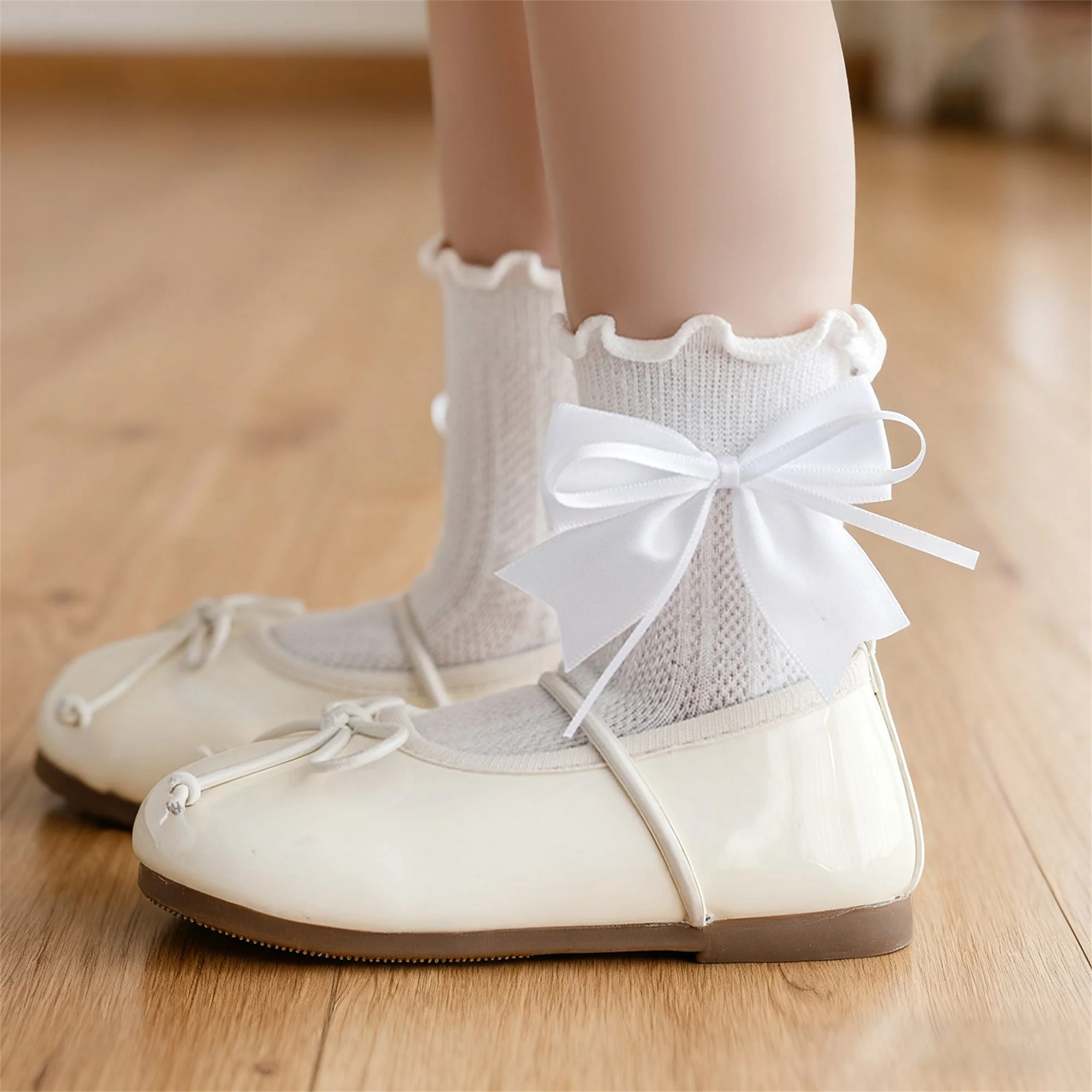 Meias adoráveis até o joelho para meninas com detalhes de laço em cores sólidas – Meias de malha de princesa doce para novidades