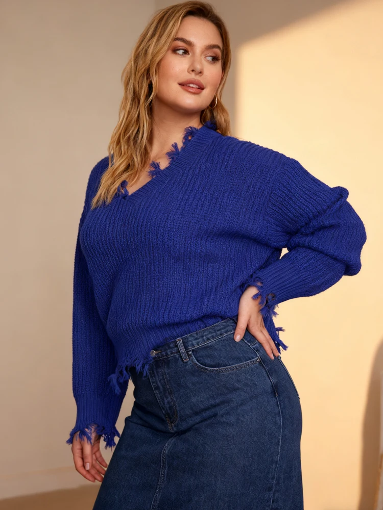Nueva moda, jersey de punto ajustado de manga larga con borlas y cuello en V, Top de talla grande para fiesta, suéter versátil elegante de talla grande para mujer
