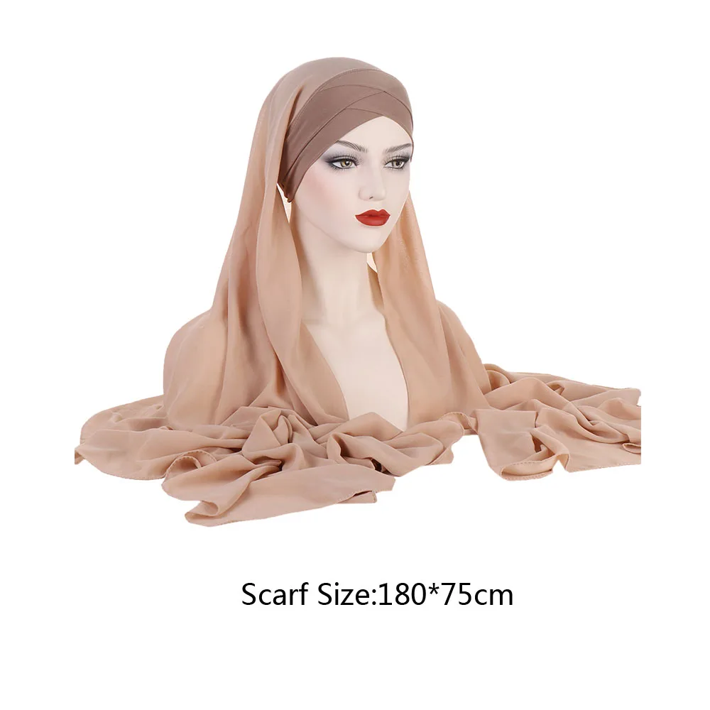 Muslim Women Instant Chiffon Hijab With Jeresy Inner Cap Bonnet Turban Amira Long Veil Shawl Head Scarf Head Wrap Femme Scarves