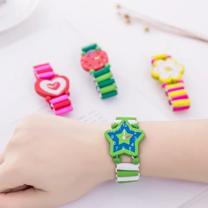 1Pc Kids Meisje Kleurrijke Houten Armbanden Kinderen Elastische Horloge Polsbandjes Baby Speelgoed Armband Educatief Speelgoed Verjaardagscadeau Sieraden