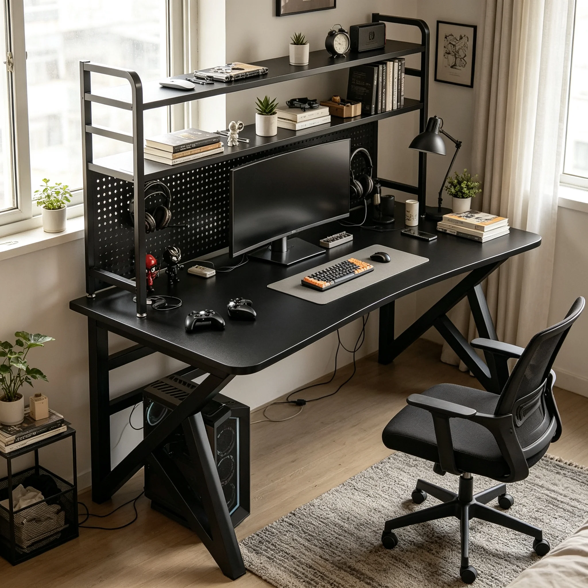 AOLIVIYA Pegboard PC Gaming Desk Office Study Table Bookshelf Workbench Writing Student Home