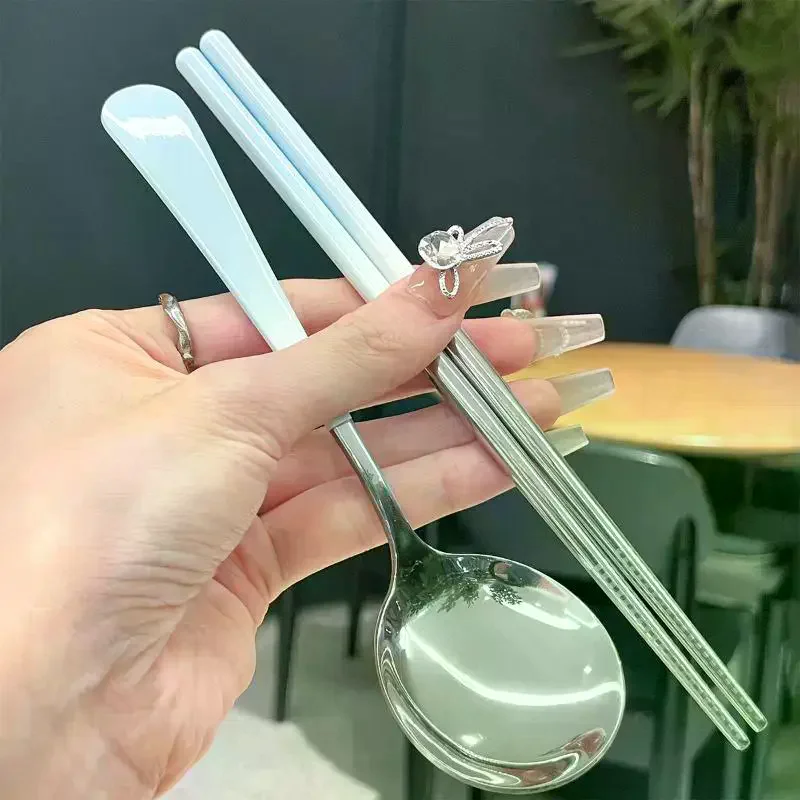 Stainless Steel Portable Cutlery Set Spoon Chopsticks Student Travel Korean Style Portable Cutlery Set With Box Kitchen Supply view 4