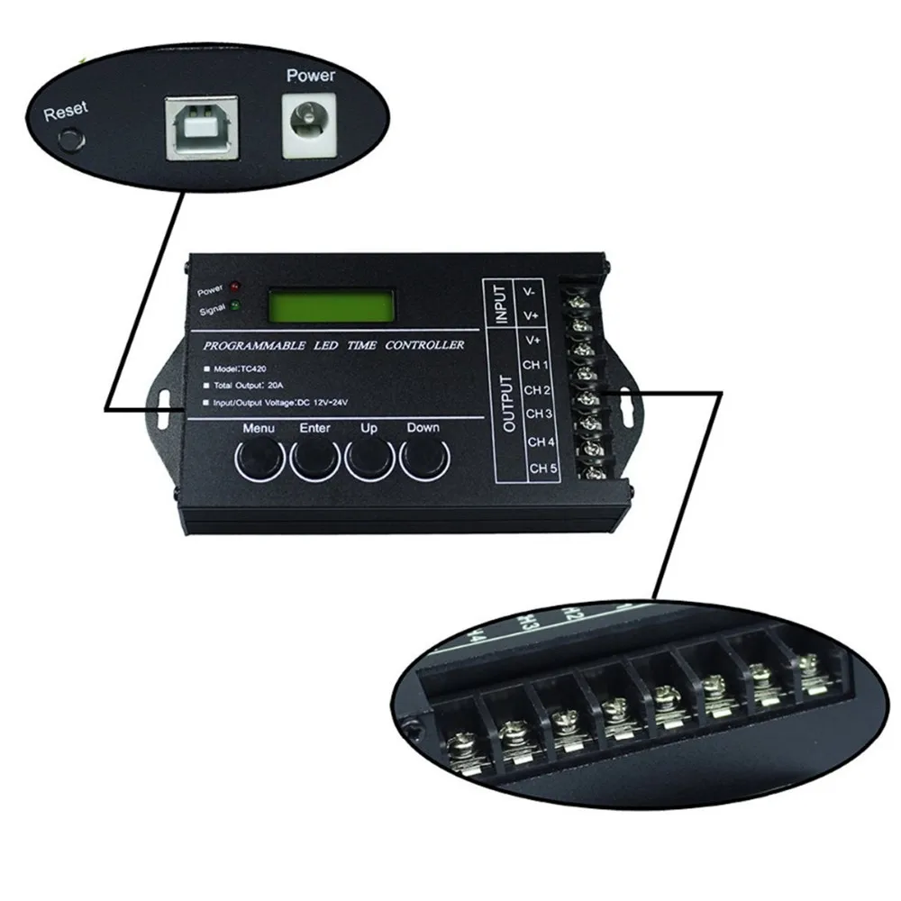 Controlador LED TC420 RGB de tiempo programable, 5 canales de salida Total, 20a, ánodo común programable para Módulo de tira led DC12V/24V