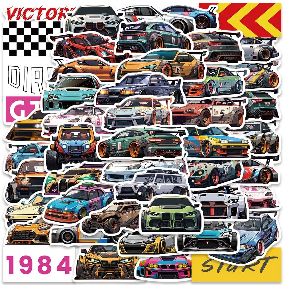 50pcs Cool Cartoon Racing Car JDM Stickers For Laptop Water Bottle Luggage Notebook Phone Waterproof Graffiti Vinyl Decals