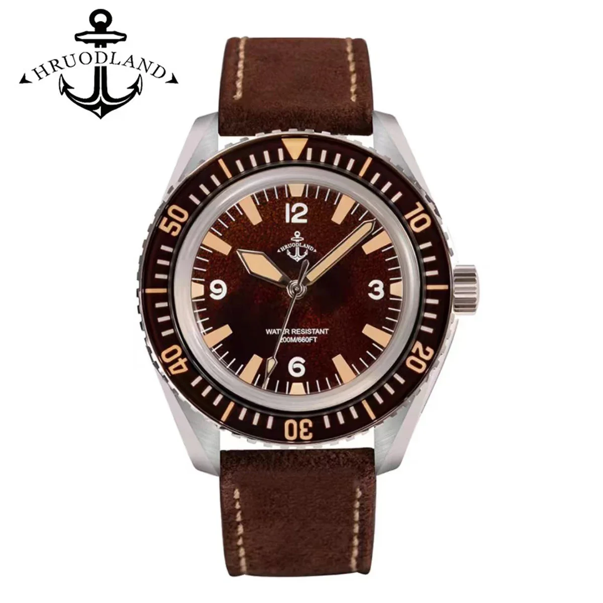 Hruodland 2024 New Retro Sports Men Watches NH35 Automatic Mechanical Stainless Steel Brown Leather Diving Wristwatch for Male