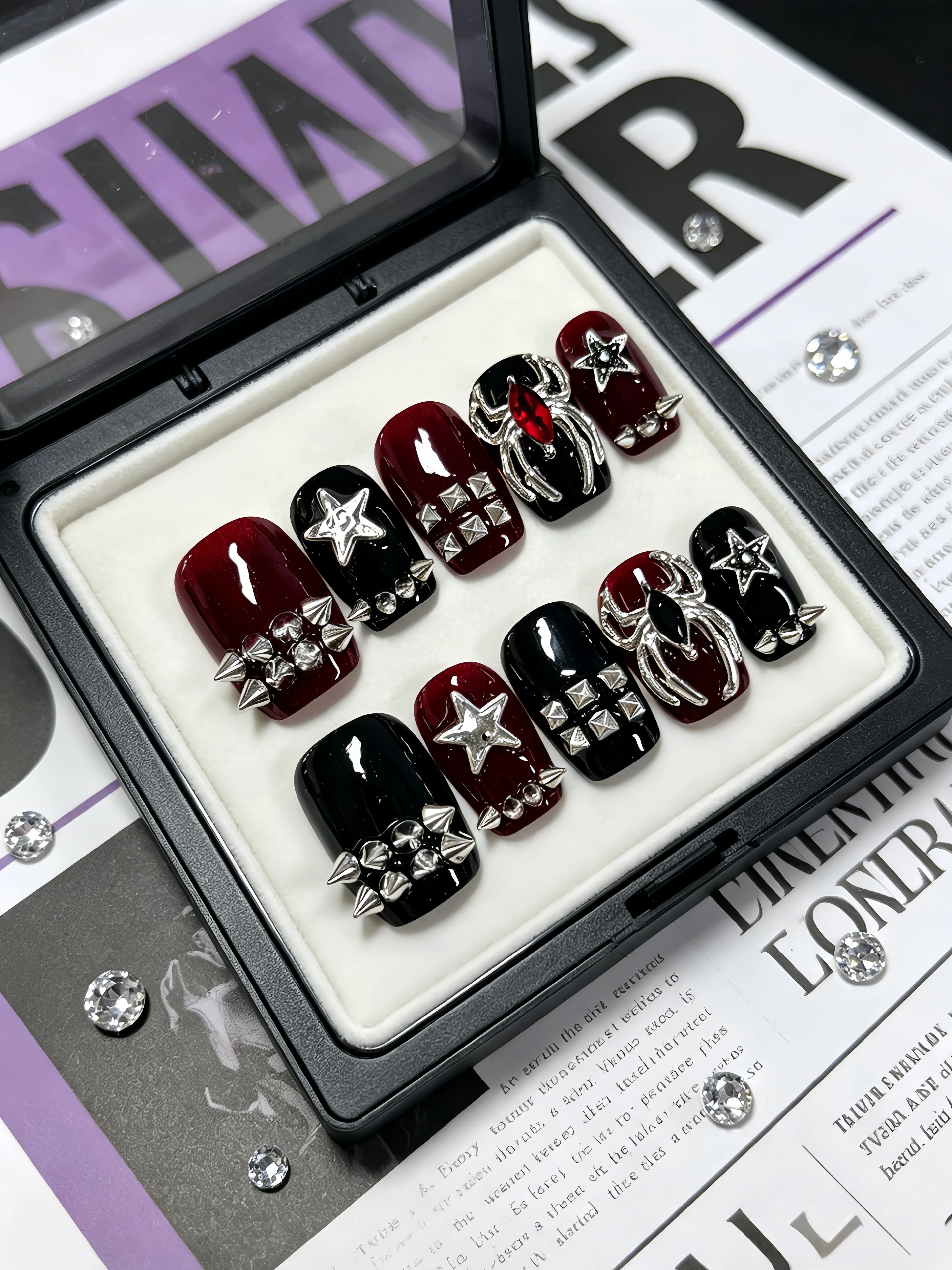 10 Short Black and Red Square-Shaped Press-On Nails, Paired with Star Spike Spider Minimalist Y2K Gothic Nail Stickers, Suitable for Students, Trendy Girls, Mature Women, Niche Personality Enthusiasts, Dark Style Grunge Punk Nail Stickers, Suitable for Daily Outings, Music Festivals, Dates, Street Photoshoots, Afternoon Tea, Bars, and Clubbing, Light Luxury Style Fake Nails, Includes One Jelly Glue and One Nail File