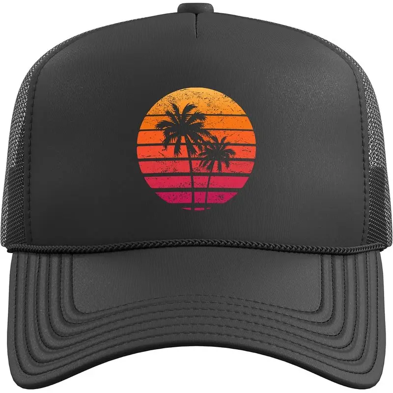 Vintage Beach Retro Sunset Palm Trees Tropical Vacation Trucker Hat with Adjustable Mesh Back