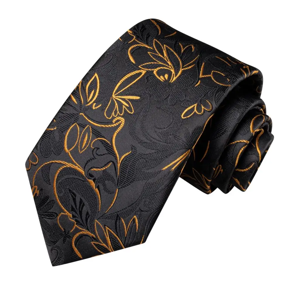 2023 New Black Gold Floral Gift Tie for Men Fashion Brand Wedding Party Necktie Handky Cufflinks Wholesale Hi-Tie Designer