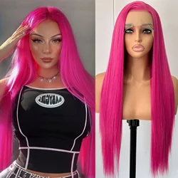 Long Pink Wig Silky Straight Synthetic Lace Front Wig Free Part Rose Red Colored Heat Resistant Fiber Wigs for Women Daily Party