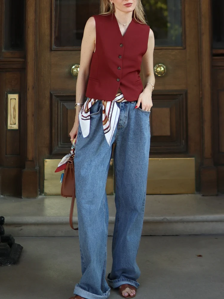 

European and American style women's clothing new solid color casual simple style slim vest V-neck single-breasted suit vest