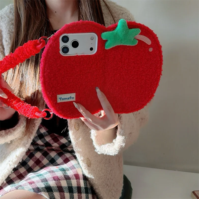 

Cute tomato Fluffy fuzzy Plush Fur Case For 17 Pro Max Flip phone mirror Crossbody Case for iphone 17 15 14 16 pro max Girl