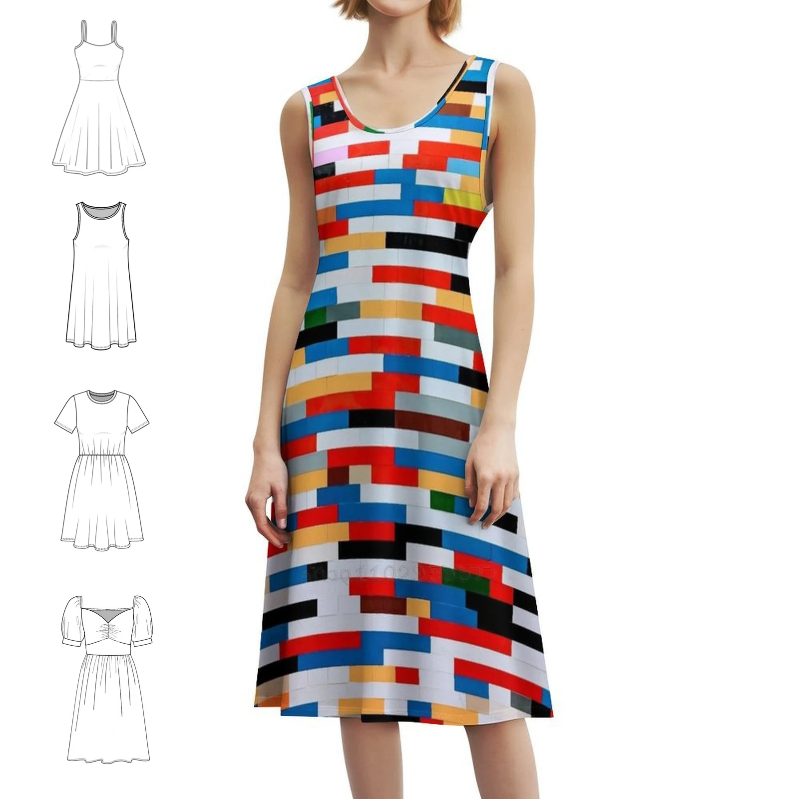 

Абстрактное красочное платье с квадратами и цветочным принтом для женщин, весенне-летнее повседневное платье для вечеринки, прямоугольная решетка