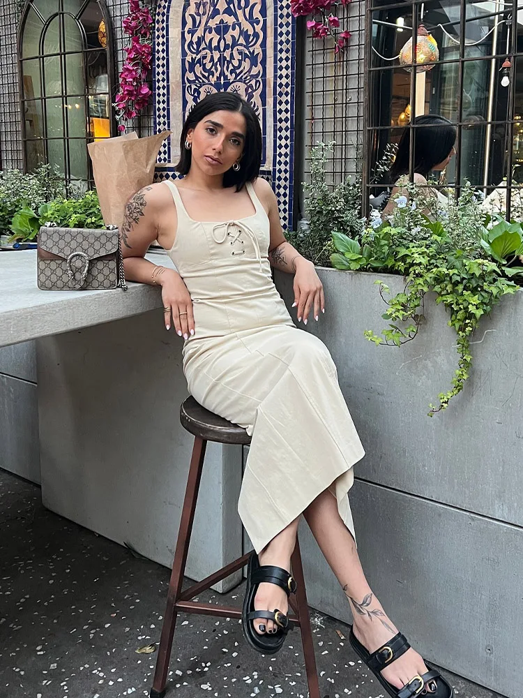 TRAFZA 2024 Women Fashion Chic Chest Cross Lace Up Sleeveless Backless Slip Dress Woman Zipper Slit Hem Midi Dresses Mujer TRAF