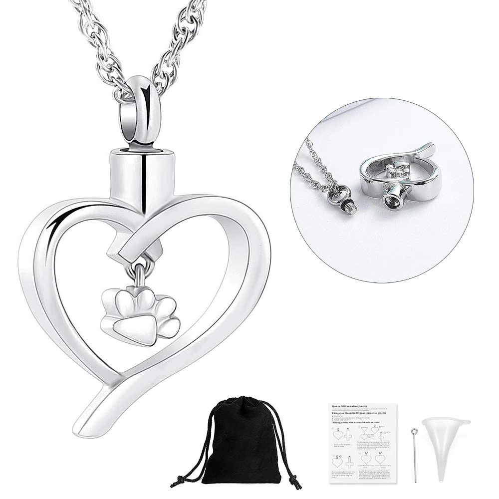 

Custom Urn Necklace With Heart Paw Print Pendant Silver-Plated Stainless Steel Durable Dog Ashes Holder For Woman Gift Jewelry