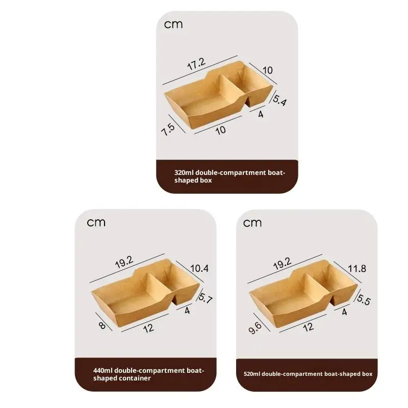 50pcs Disposable Kraft Paper Food Serving Tray Two Grids Snack  Chicken Salad Carton Take Out Containers For Party