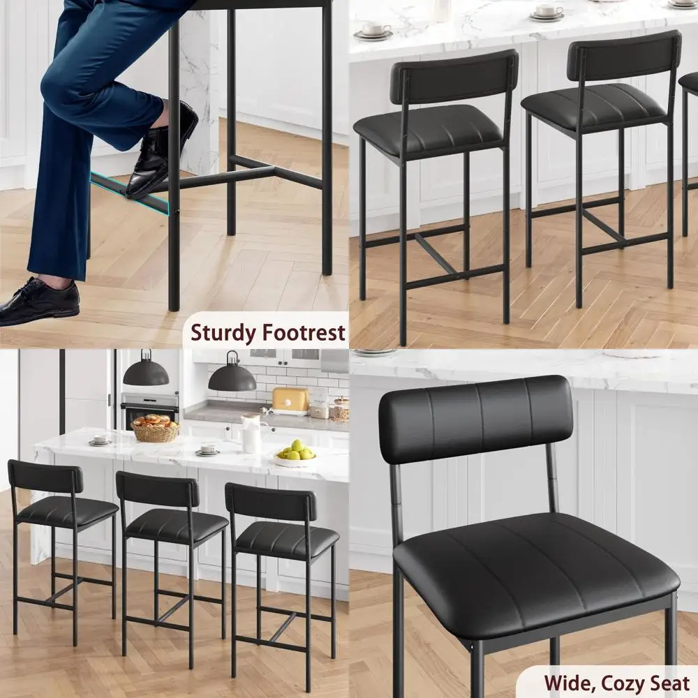 

Black Counter Height Kitchen Bar Stools Set of 2 with Footrest, Modern Armhouse Furniture
