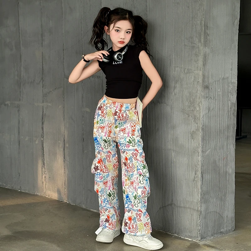 summer junior girls clothes sets cotton Hollowing out love Sleeveless top+Graffiti cargo pants 2pcs teen kids suit child outfits