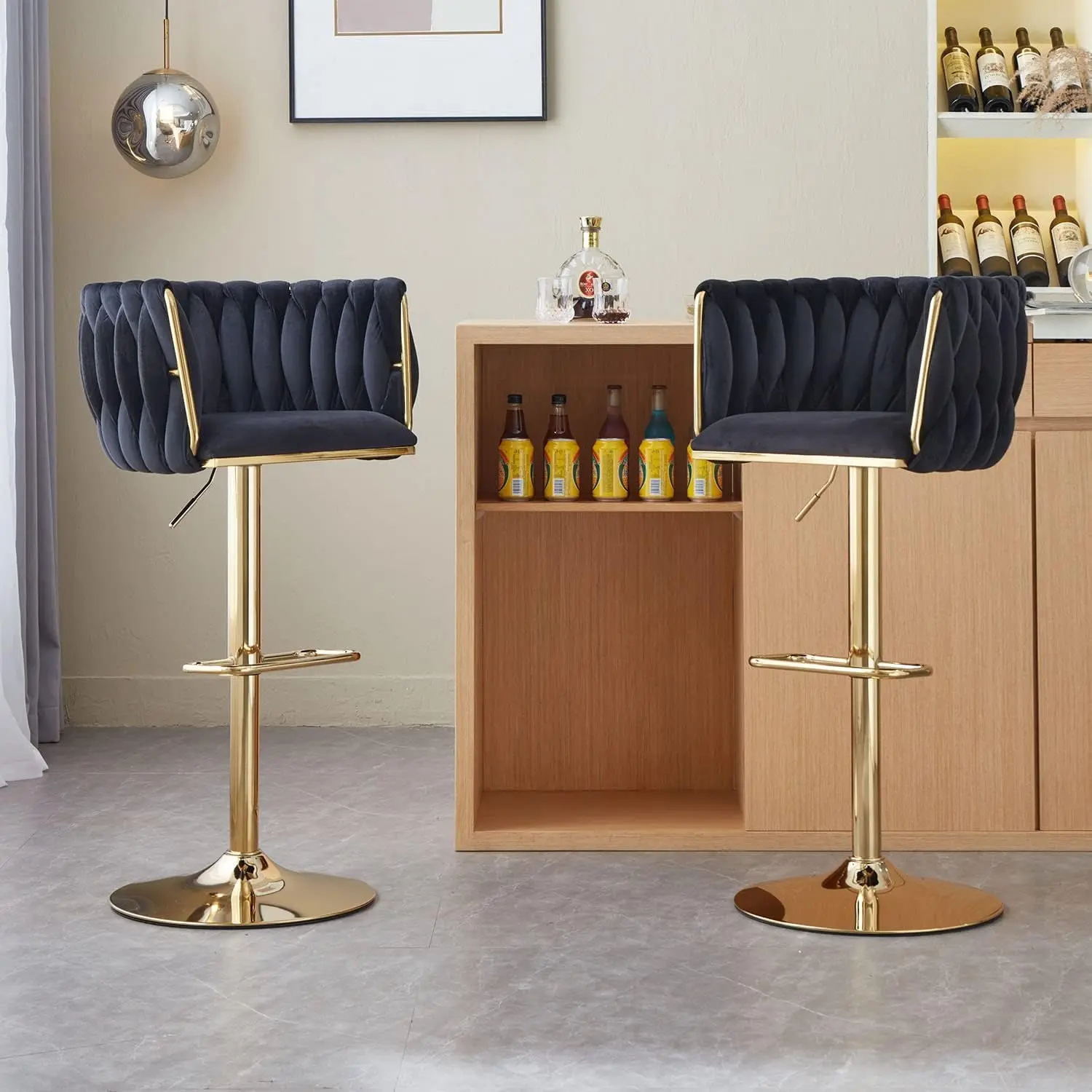 Ensemble de 4 tabourets de bar en velours doré avec dos tissé, piste de bar de cuisine pour Kitchen Island, 73, P