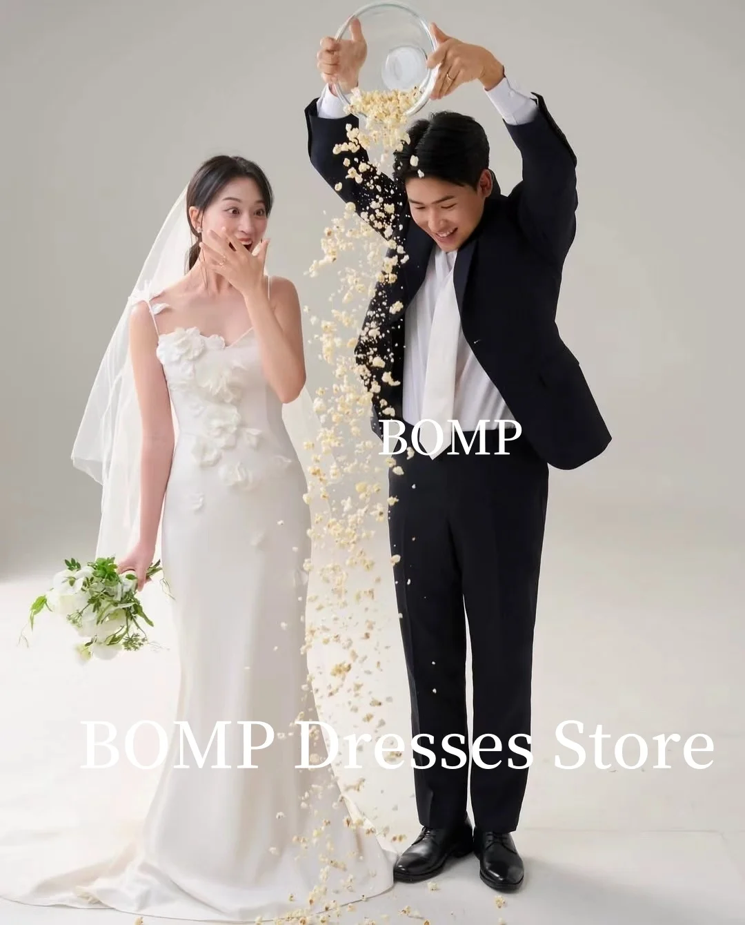BOMP Elegantes Hochzeitskleid mit Applikationen, Meerjungfrau, bodenlang, Sweep-Zug, Abendpartykleid, Korea, Fotoshooting, individuell gestaltet, einfach