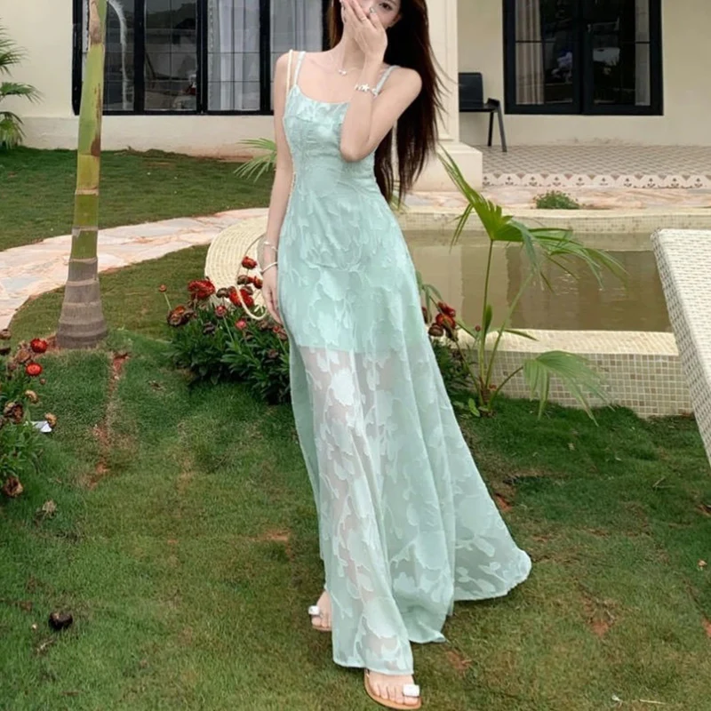 Francuska haftowana sukienka na ramiączkach damska plaża Spaghetti pasek głęboki dekolt sukienka Maxi kobieta Temperament linia A sukienka bez rękawów Mujer