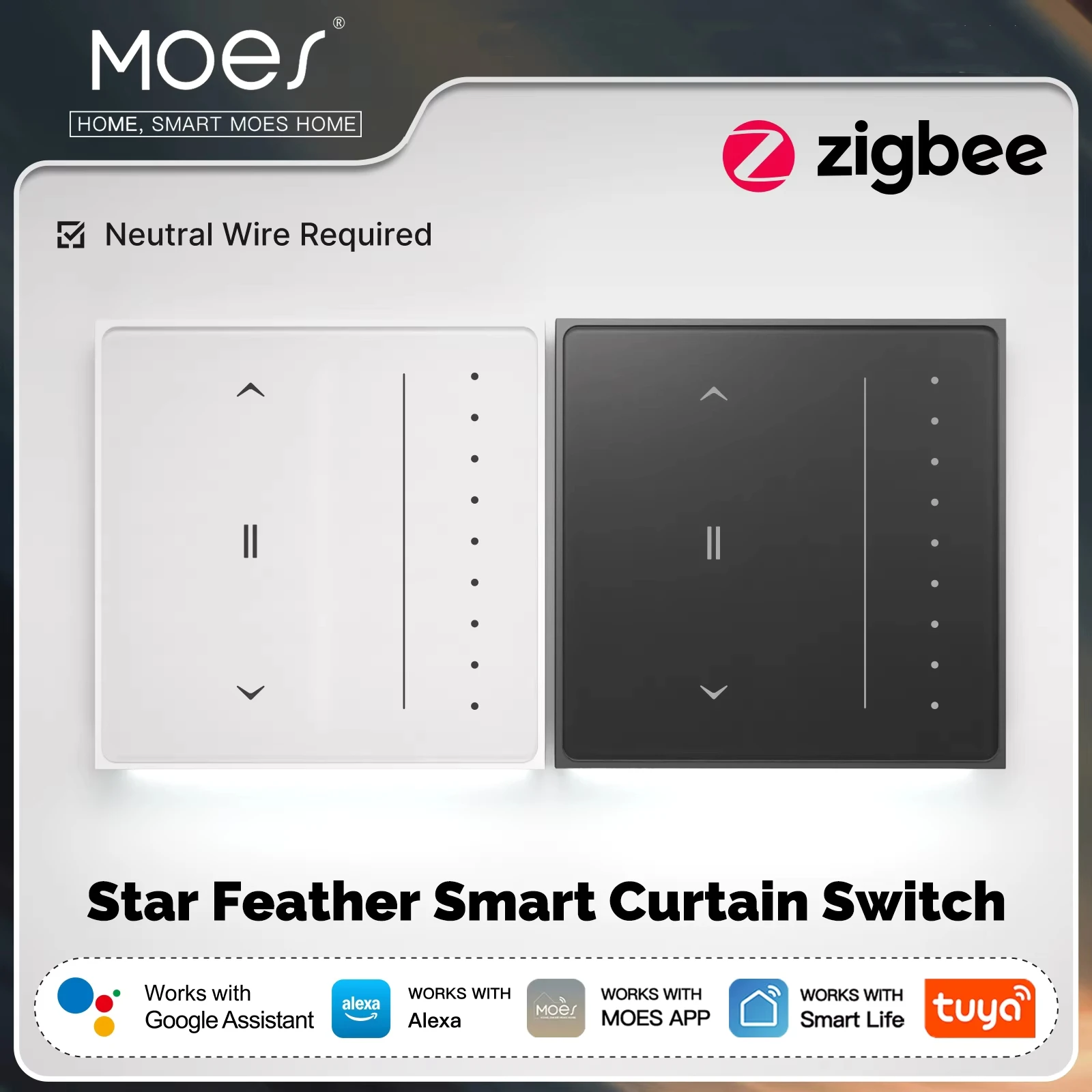 MOES Tuya Star Feather Series Zigbee Smart Curtain Switch Anti-Glare Touch Panel Flowing Backlight Work With Alexa Google Home