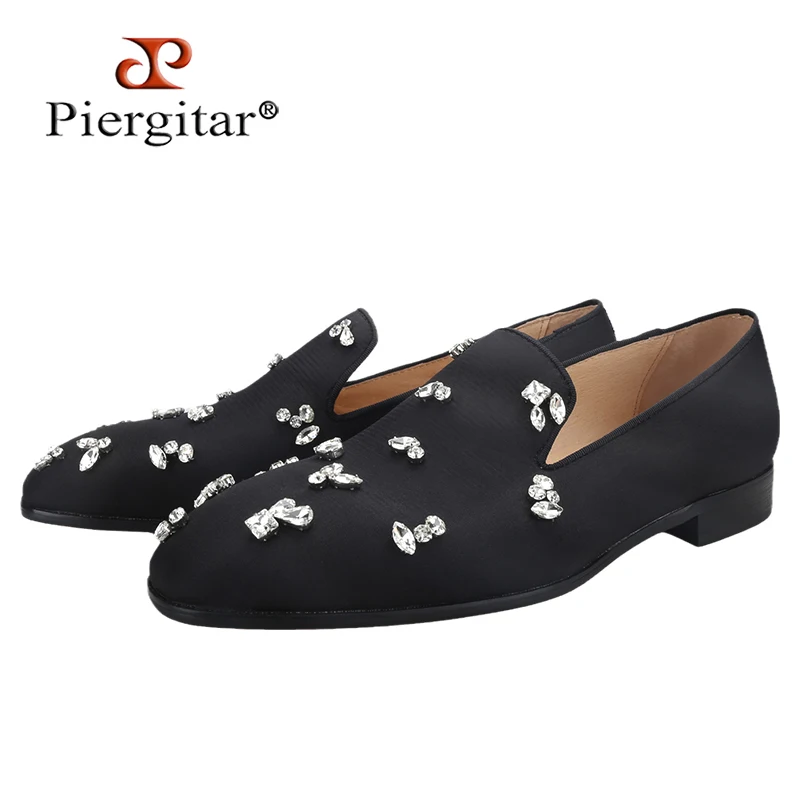 Piergitar Smooth Black Crepe Satin Men's Loafers With Handmade Customized Crystal Buckles CL Same Design Red Outsole Moccasins