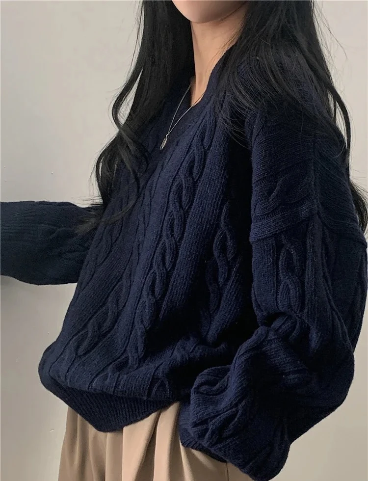 

Autumn Winter V-Neck Women's Sweater New Solid Casual Loose Long Sleeve Sweater Knitted Pullover Female