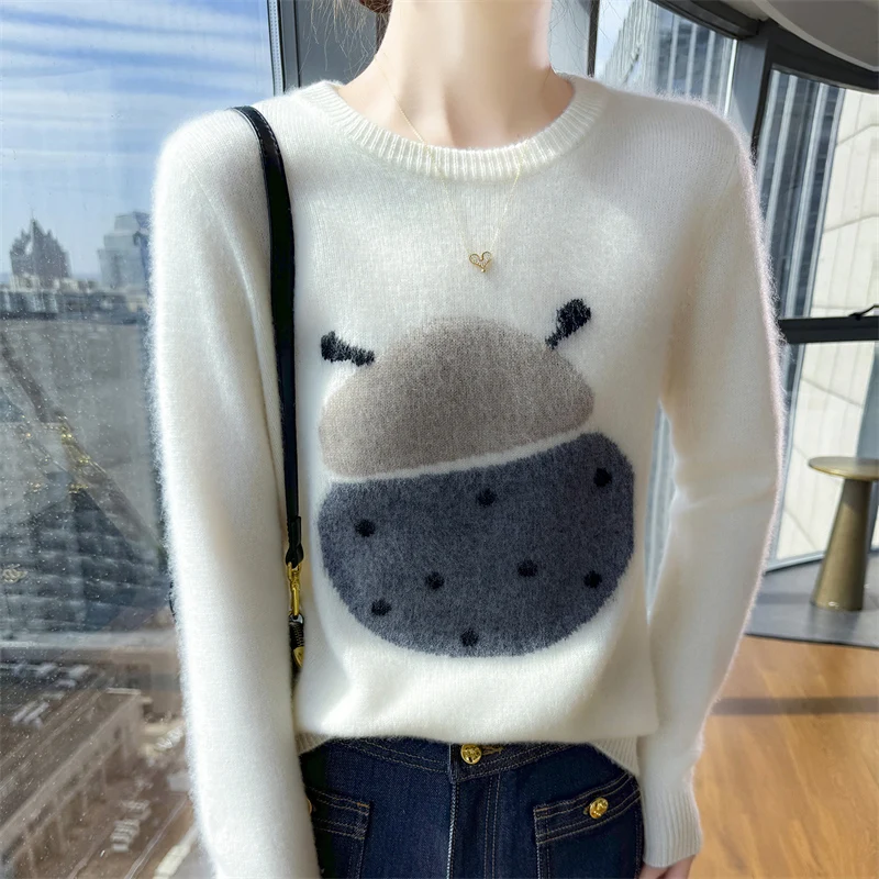 

Женский шерстяной пуловер, свитер с длинными рукавами и круглым вырезом, трехмерный свитер с рисунком божьей коровки, базовый стиль, высококачественный топ