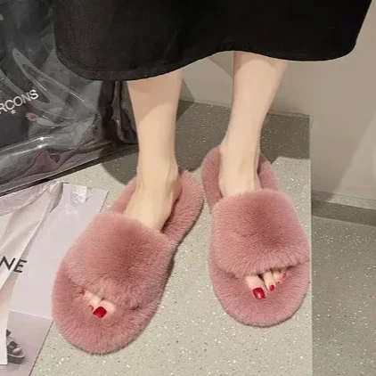 Fashion One Word Thick Fur Slippers Double Fur Slippers Casual Home Cotton Shoes for Women Flat Plush Slippers 2024 New winter