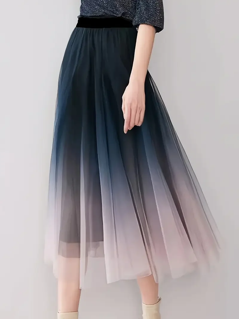 Elegant Skirt That Can Be Worn in All Seasons, Elastic Waist, Gradient Color, Double-Layered Mesh Skirt