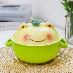 Ceramic Ramen Soup Bowl with Lid and Handle, Instant Noodle Bowl, Cute Frog Bowl for Home Student Dormitory, 1 PC, 700 ML-Cute