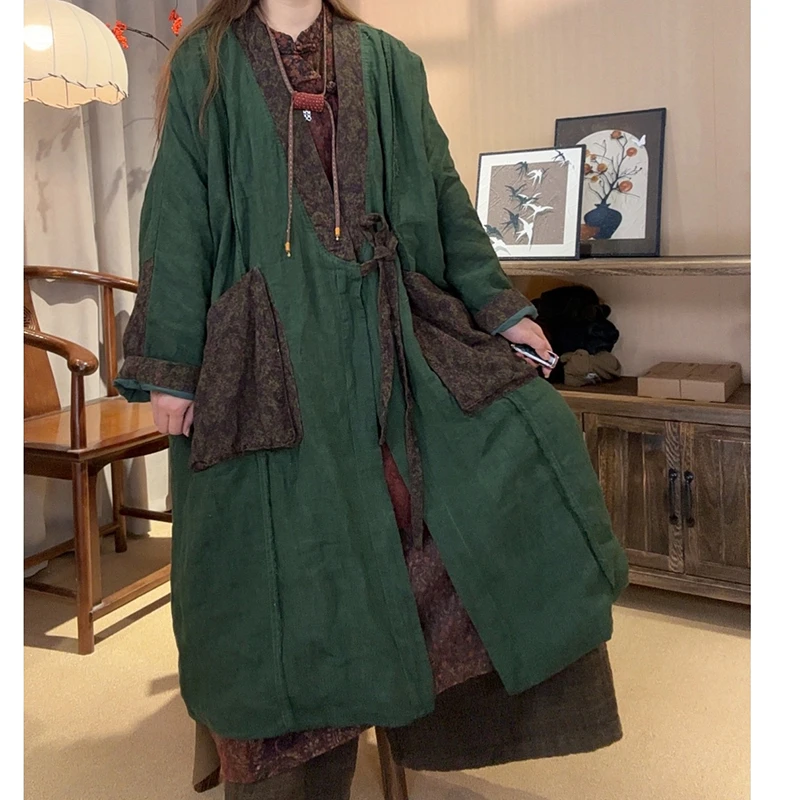New Arrival Spring & Autumn Women Casual Long Sleeve V-neck Open Stitch Trench Pocket Patchwork Cotton Linen Vintage Coats YH269