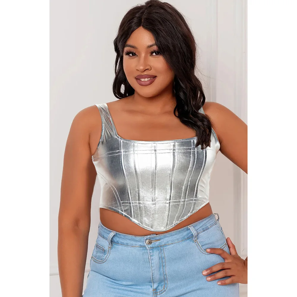 Plus Size Party Cami Silver Metallics Asymmetrical Hem Cami Crop Tops Solid Sleeveless Slim Tank Top