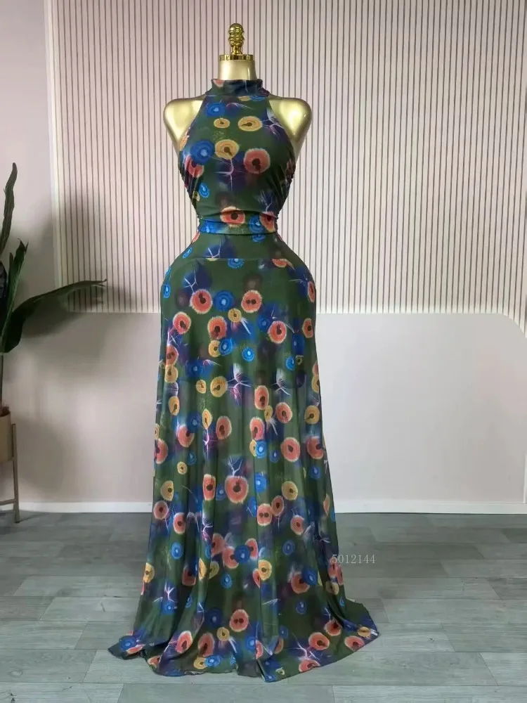 Elegancka sukienka maxi na jesień 2026, damska, bez rękawów, z okrągłym dekoltem, z nadrukiem, o kroju syreny, długa, koktajlowa, wieczorowa, urodzinowa, plażowa, seksowna, na imprezę nocną.