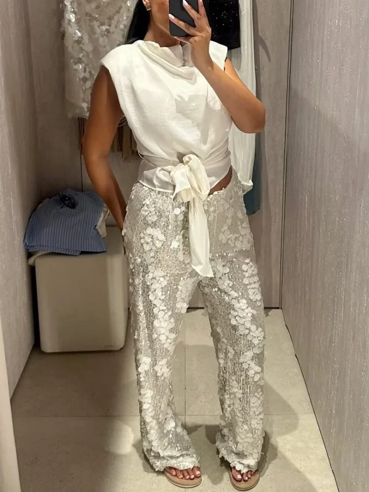 Silver 3d Petal Sequin Casual Pant Elastic Waist Loose Slimming Sequin Wide-leg Pants 2026 Evening Gathering Vibe Outfit