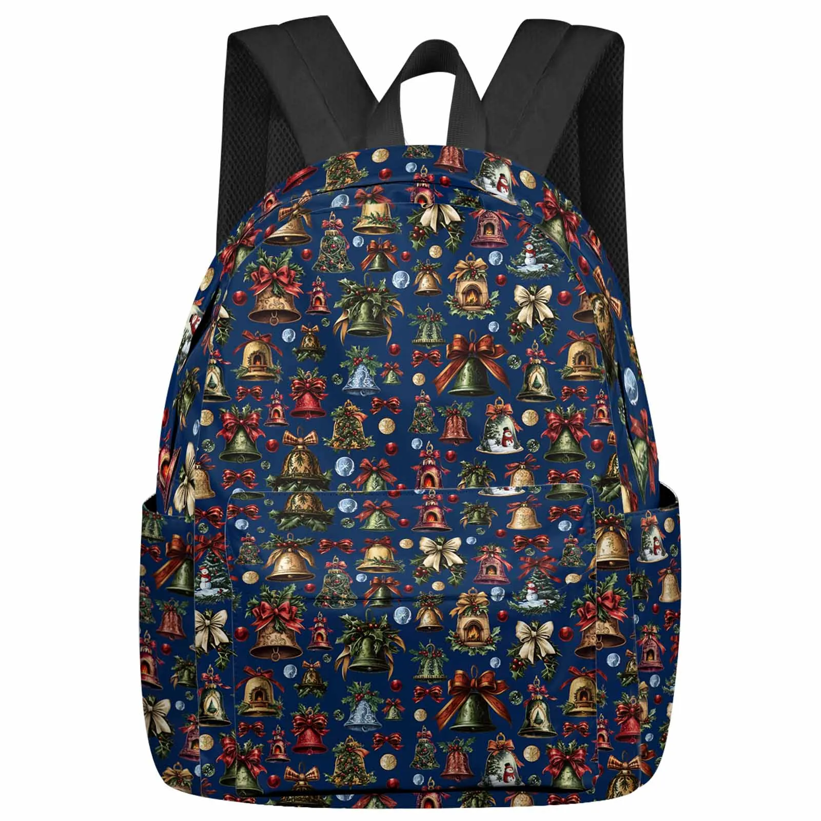 

Christmas Bell Bow Dark Blue Background Backpacks Custom Student School Bags Laptop Backpack Men Women Female Travel Mochila