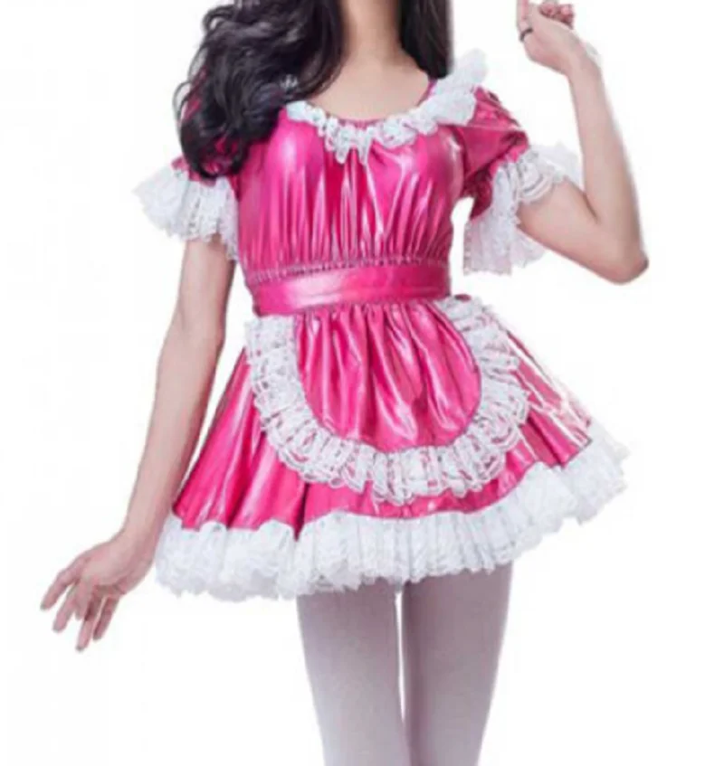 

New French Sissy Girl Maid Lace Ruffled Low Neckline Versatile Lockable PVC Dress Party Daily Unisex Dress Role-playing