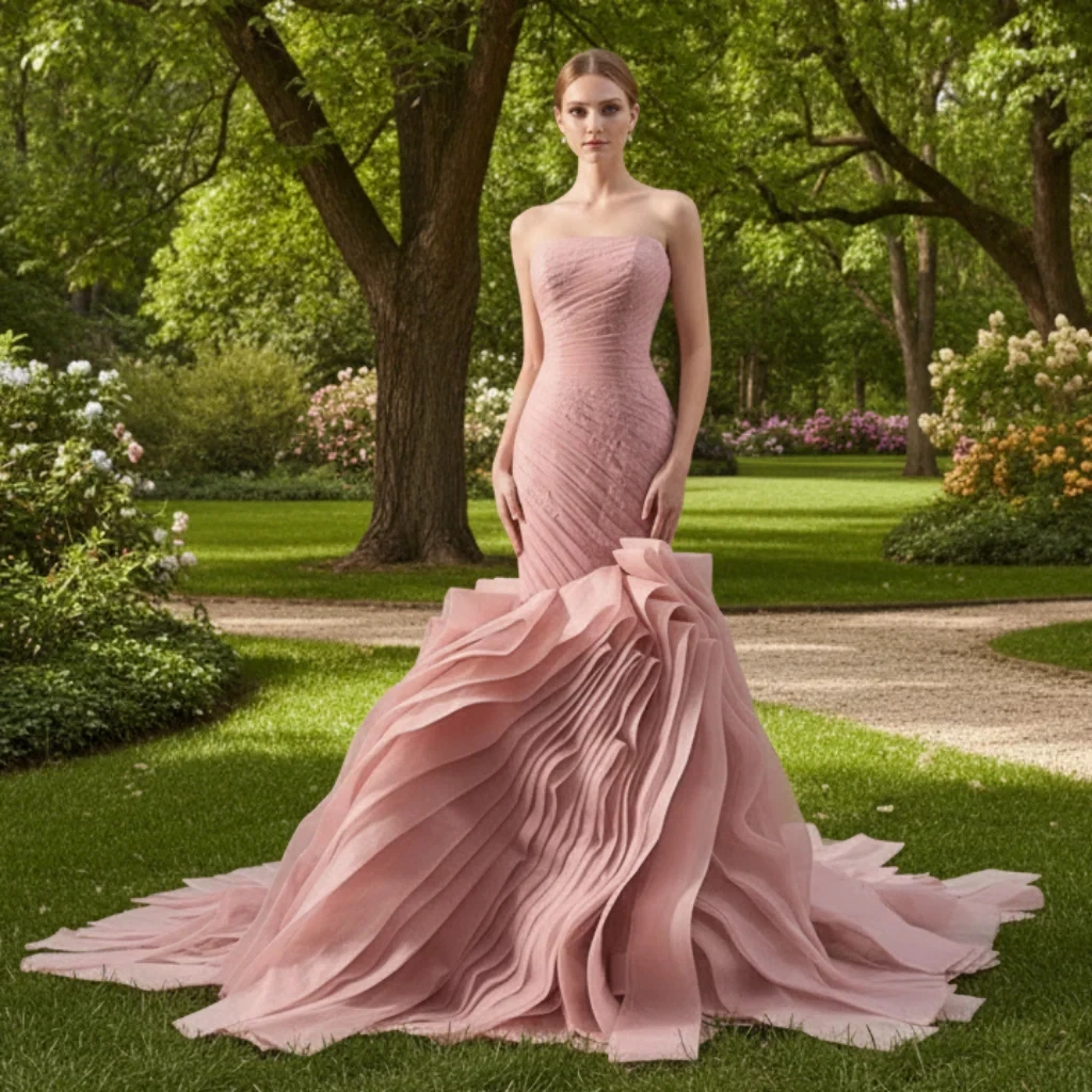 

Rosymae Румяное розовое платье русалки для выпускного вечера с каскадными оборками и цветочными акцентами Высококачественная элегантность для выпускного вечера