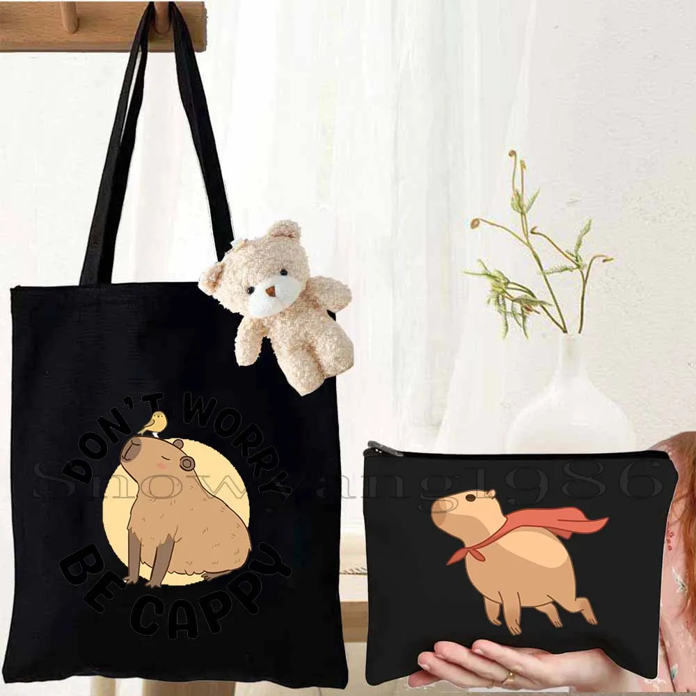 

3PCS Cartoon Capybara Shoulder Tote Bag Animal Capybara with Daisy Flowers Canvas Bags Storage Shopper Be Cappy Cotton Handbag